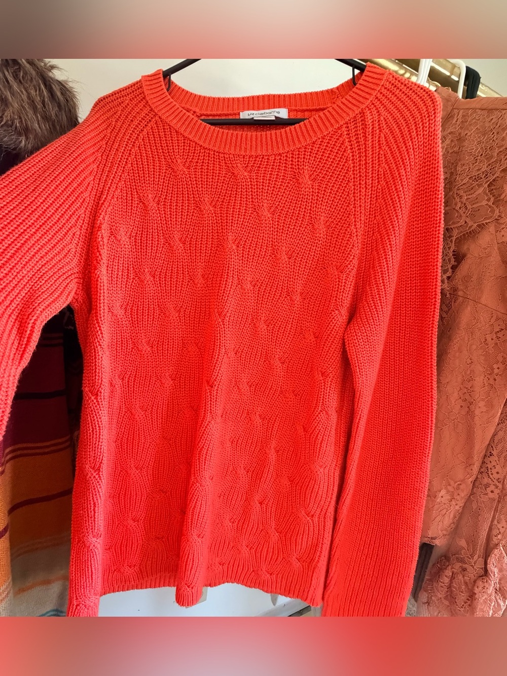 Liz Claiborne Bright Coral Cable Crewneck Sweater